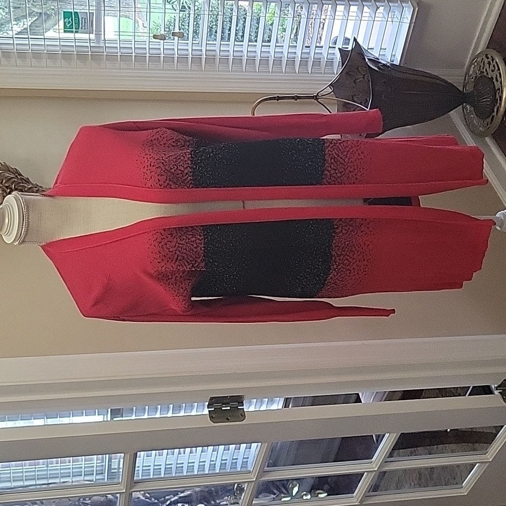 Ravel red black sparkle long open front cardigan sweater long sleeve Sz SM NEW